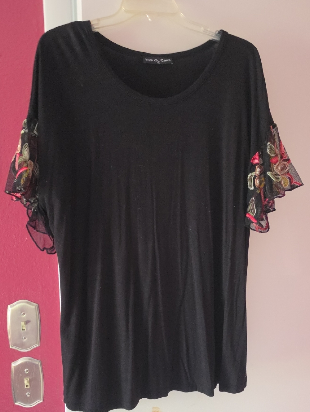 Kim & Cami Black Tee with Floral Embroidered Flutter Sleeves